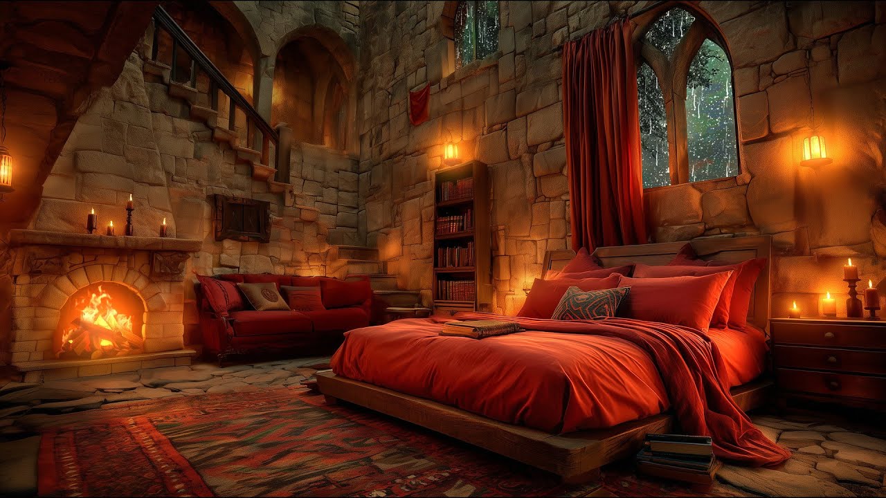 Nighttime Thunderstorm Haven: Snug Little Castle Room Ambience with Fireplace and Rain Sounds