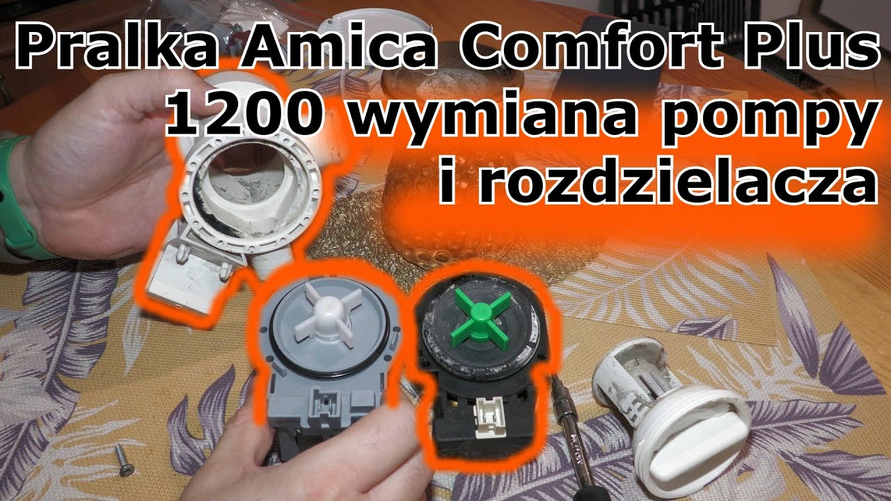 Naprawa pralki Amica Comfort Plus 1200 - wymiana rozdzielacza i pompy wody.