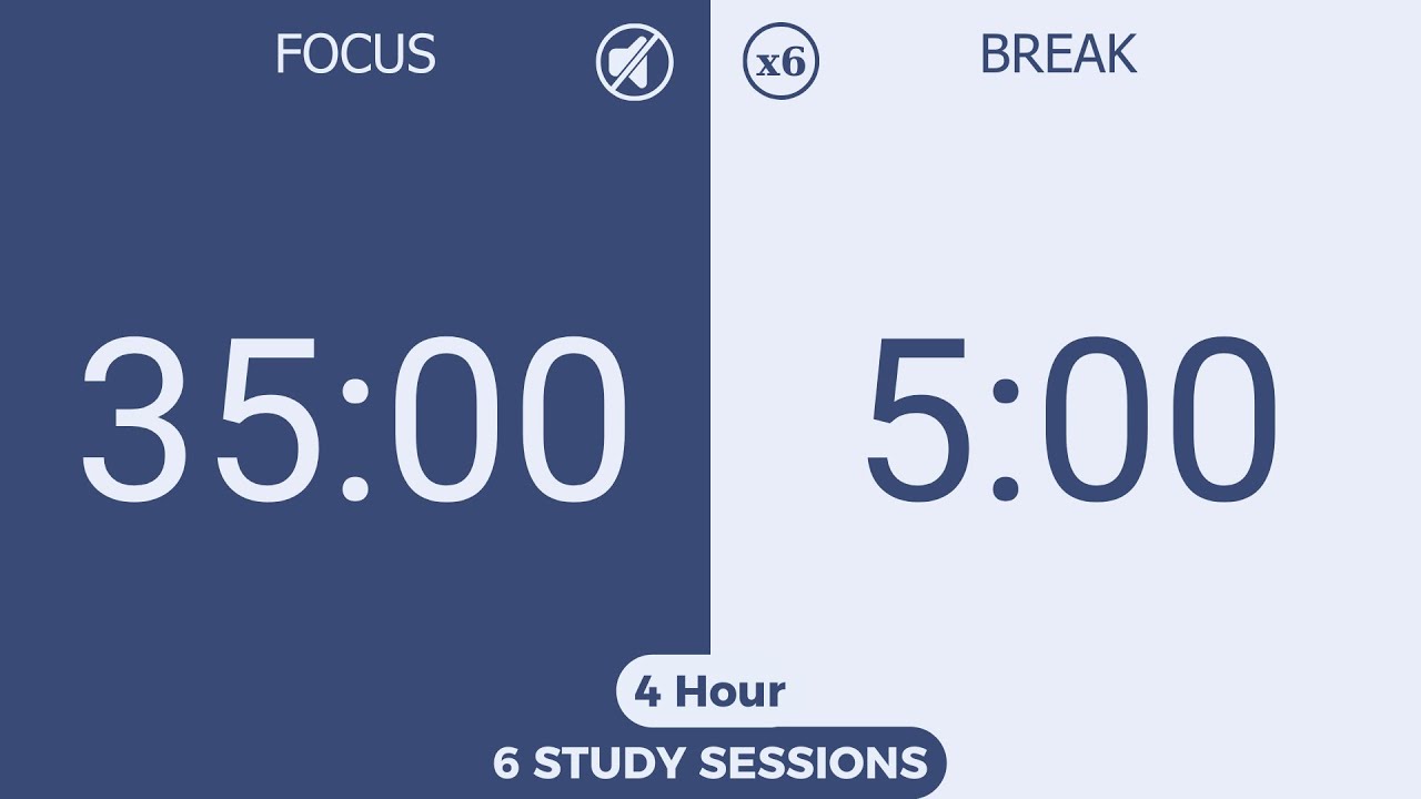 4-Hour Silent Pomodoro Timer (35/5) | No Music | Study, Focus, ADHD, Deep Work