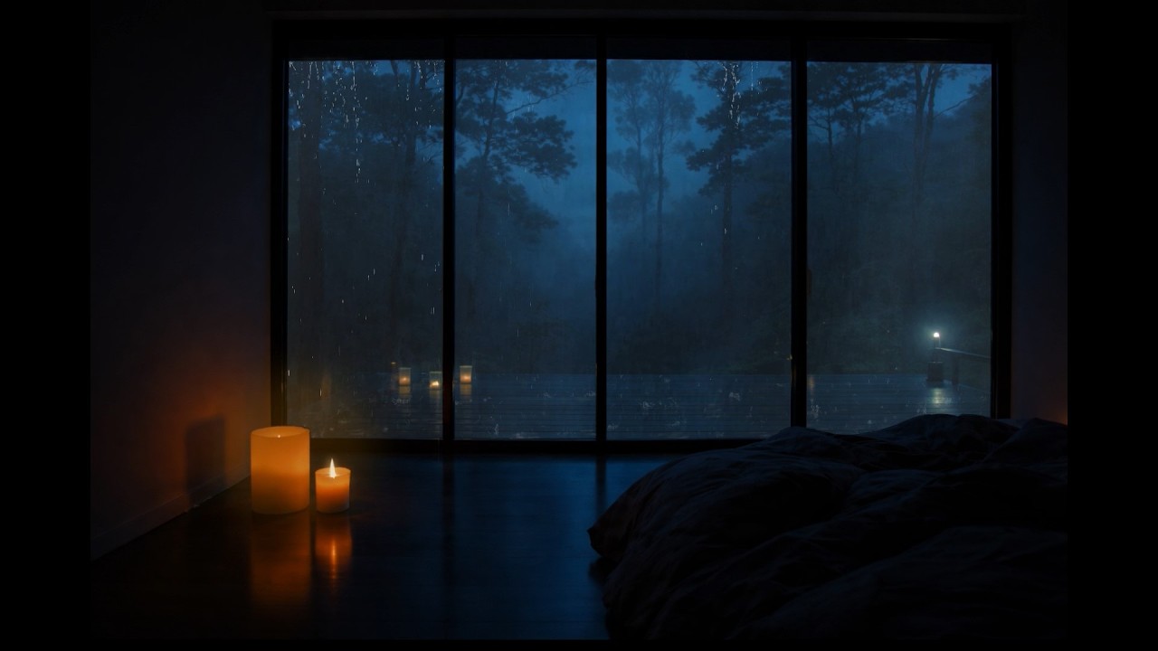 Midnight Forest Rain Through the Window 🌧️ Cozy Candlelit Room for Deep Sleep & Relaxation