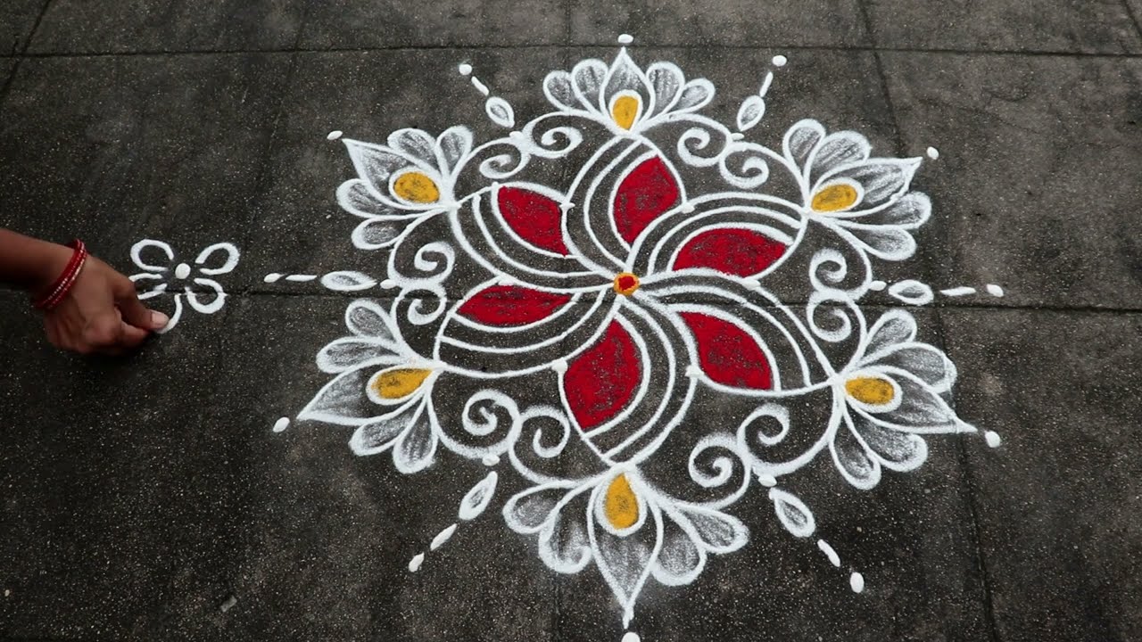Navratri Special Lotus Rangoli | 5x3 Dots Small Muggulu | Navratri Kolam Designs With Side Borders