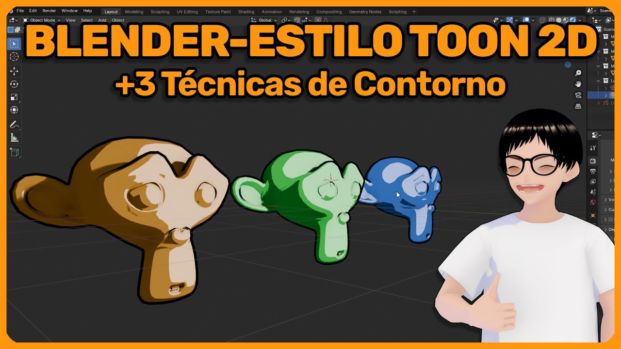 Estilo TOON/ANIME en Blender Eevee | 3 MÉTODOS de Contorno: Freestyle, Grease Pencil y Solidify