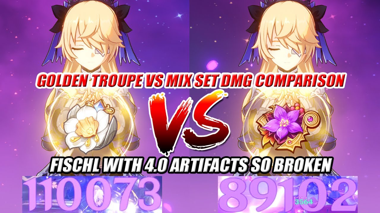 Fischl with 4.0 Artifacts So Broken - Fischl Golden Troupe vs Mix Set DMG Comparison