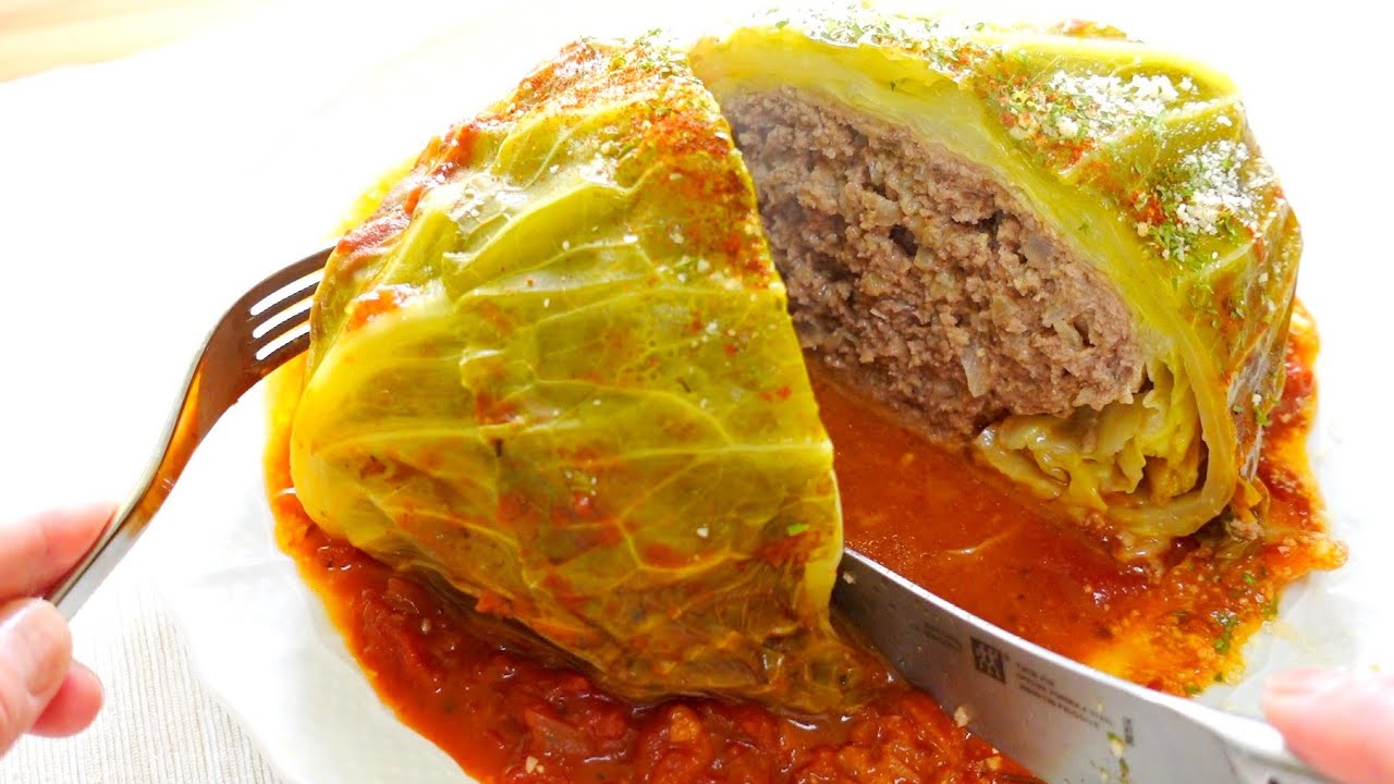 丸ごとロールキャベツの作り方｜巻かない｜断面きれいで美味しく作るコツ｜Whole cabbage rolls recipe｜Eng sub