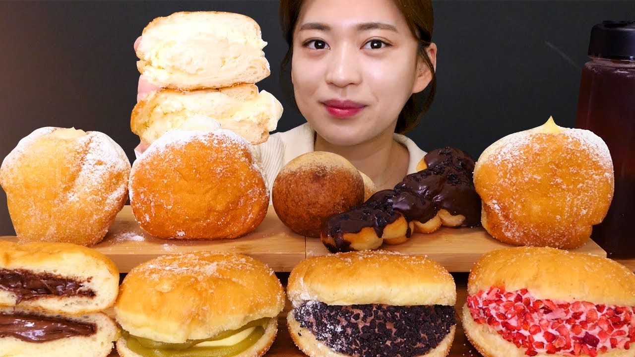 🍩Cream Donut😍쫀득한 빵과 크림이 가득한 파파도나스 크림도넛 먹방❤ [Nutella, Vanilla, Strawberry, Kaya jam, Lemon] Mukbang