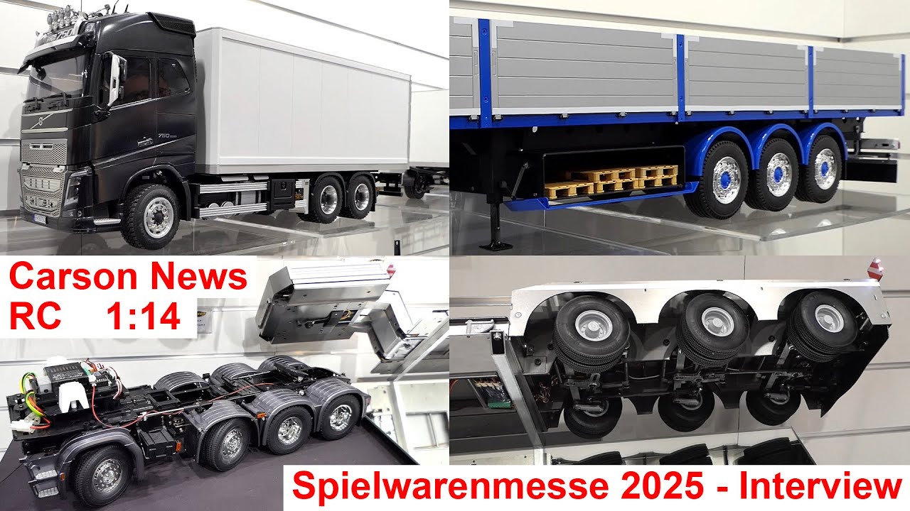 Neue Carson-Auflieger für 1:14-Tamiya-Trucks @ Spielwarenmesse 25 – Schwanenhals-Tiefbett-Tieflader