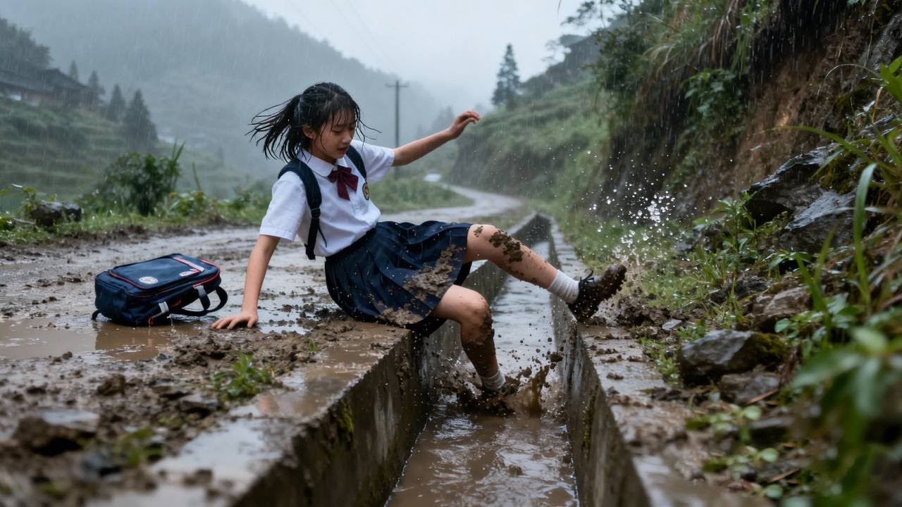 A young woman fell in a drainage ditch on her way home from school.