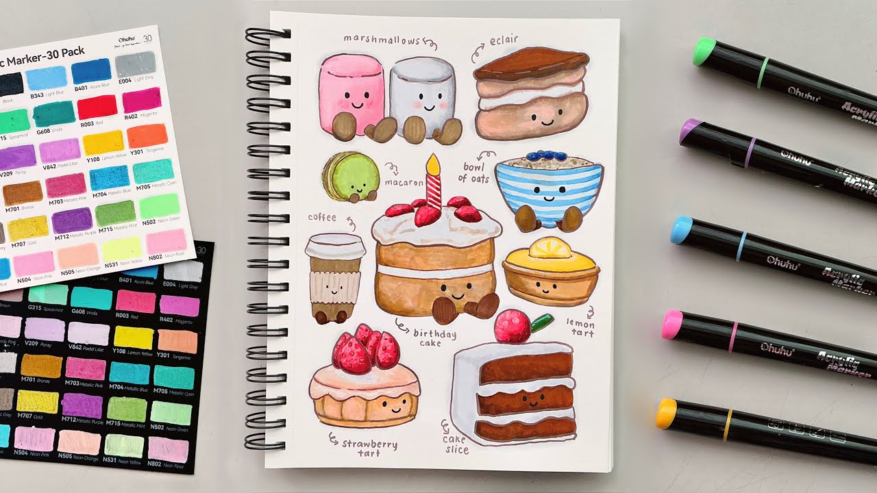 🍋 unboxing & testing ohuhu 30 acrylic markers! 🍧 drawing jellycat desserts 🍡