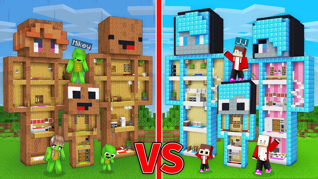 JJ's Family RICH Statues vs Mikey's Family POOR Statues Survive Battle in Minecraft - Maizen