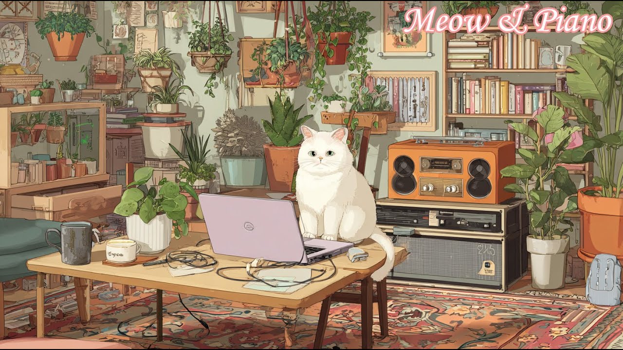 Cozy Workspace with a Cute Cat | Relaxing Piano Music for Focus, Stress Relief, Study & Work
