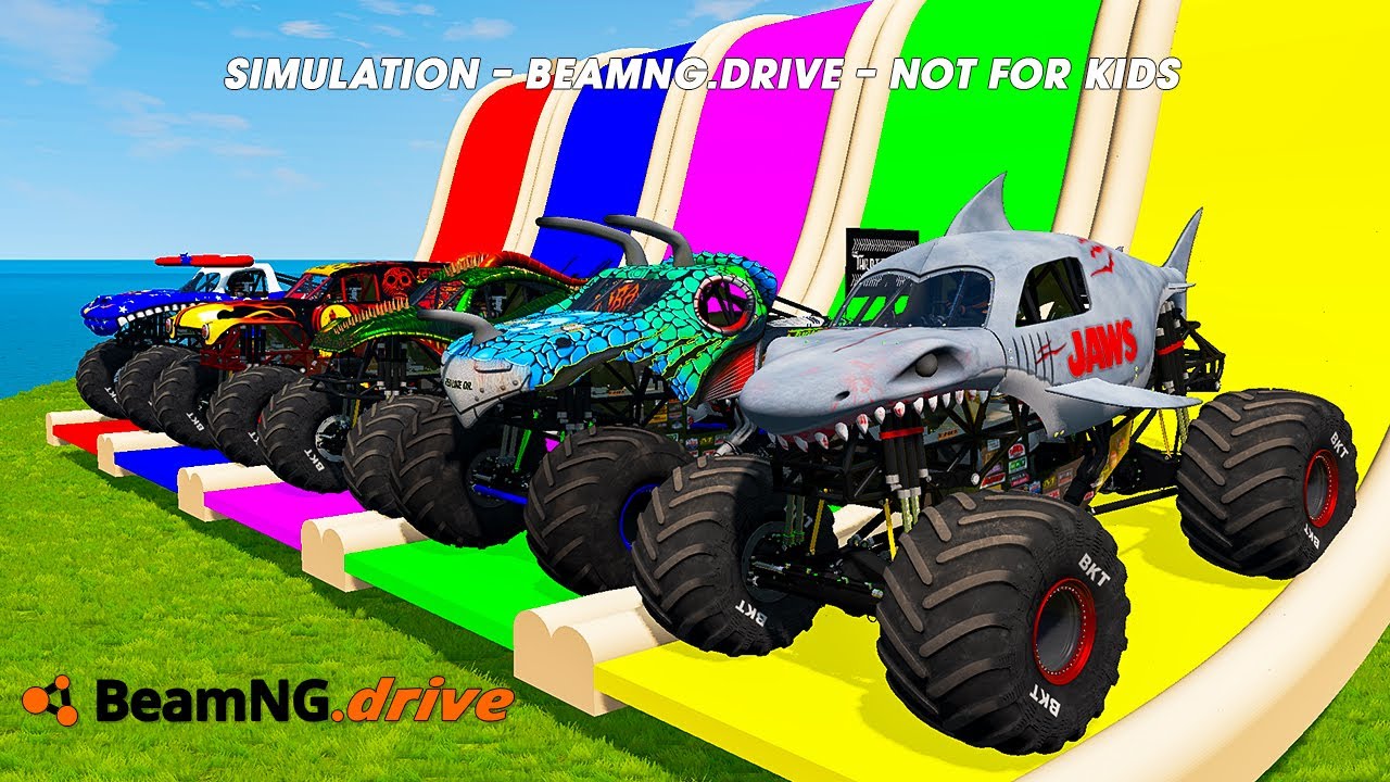 5 MONSTER TRUCKS vs GIANT COLOR WATER SLIDE #013 in BeamNG.Drive