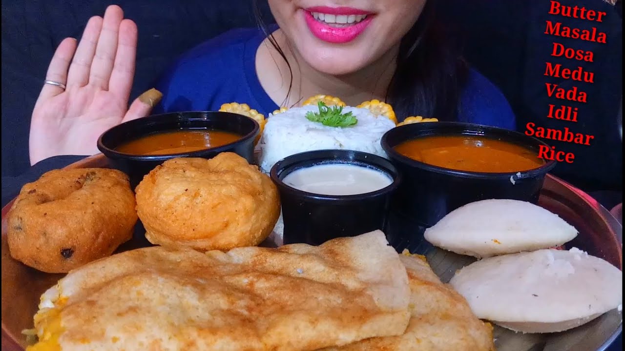 Eating Butter Aloo Pyaj Masala, Medu Vada, Idli Sambar Rice || South Indian Thali Eating Show ||