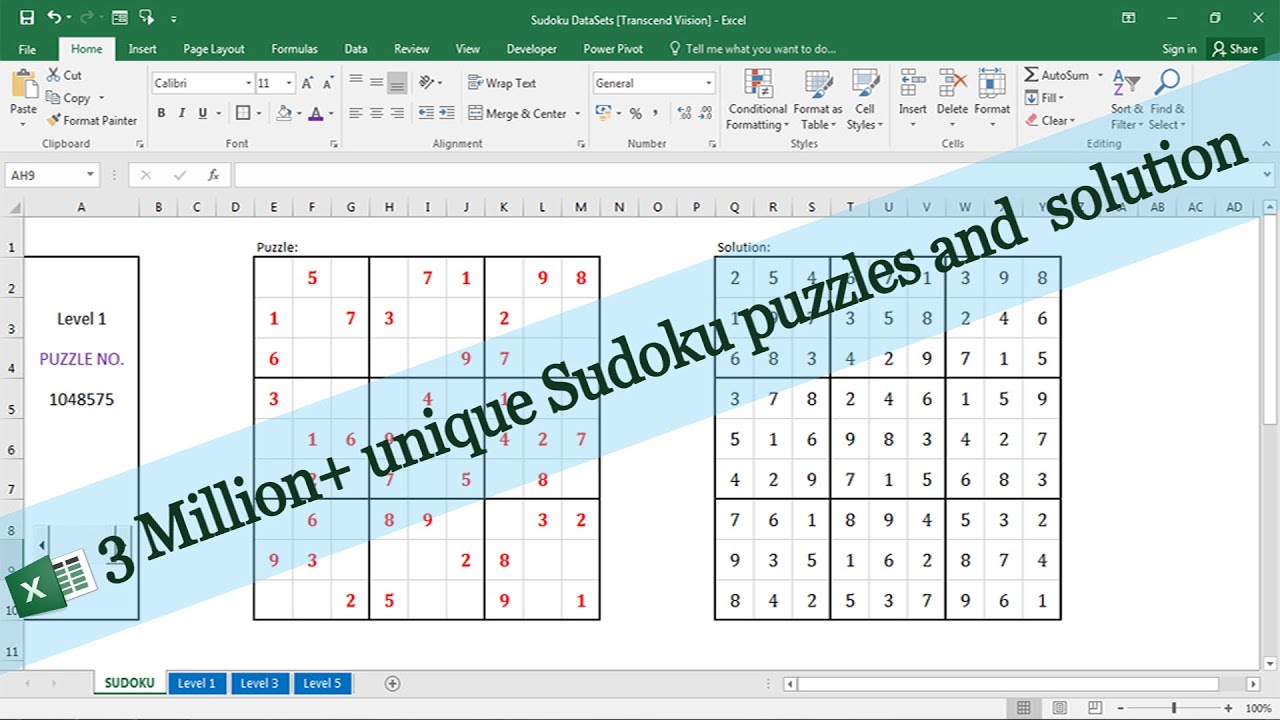 3 Million+ unique Sudoku puzzles and  solutions [Excel Project]