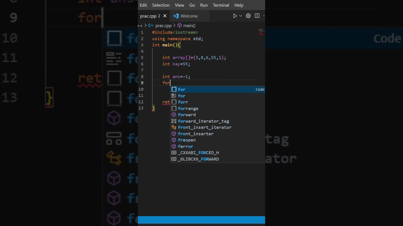 Find index of any element in an array in C++ || interview problem || linear search  #coding #shorts