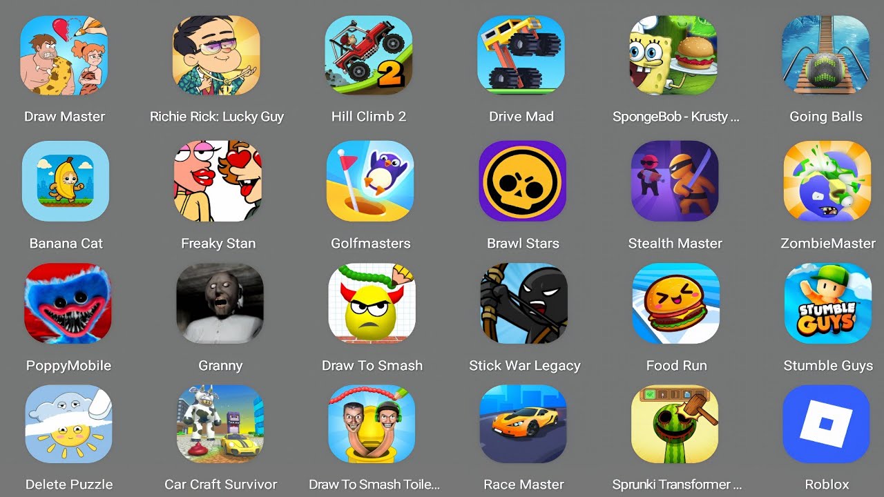 Roblox,Draw Master,Freaky Stan,Going Balls,PoppyMobile,Zombie Master,Stumble Guys,Richie Rick,Roblox