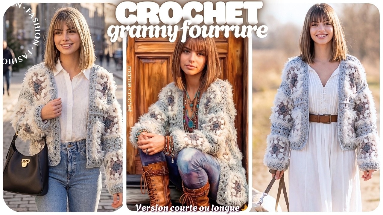 😱😍 VESTE GRANNY FOURRURE LONGUE OU COURTE SPECIAL DEBUTANTE  !!!  💖✨TUTO LAURELIN @MamieCrochet