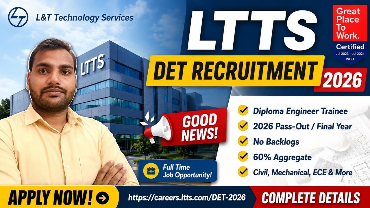 L&T Technology Services DET Recruitment 2026 | Diploma Engineer Trainee | 60% Required |Apply Online