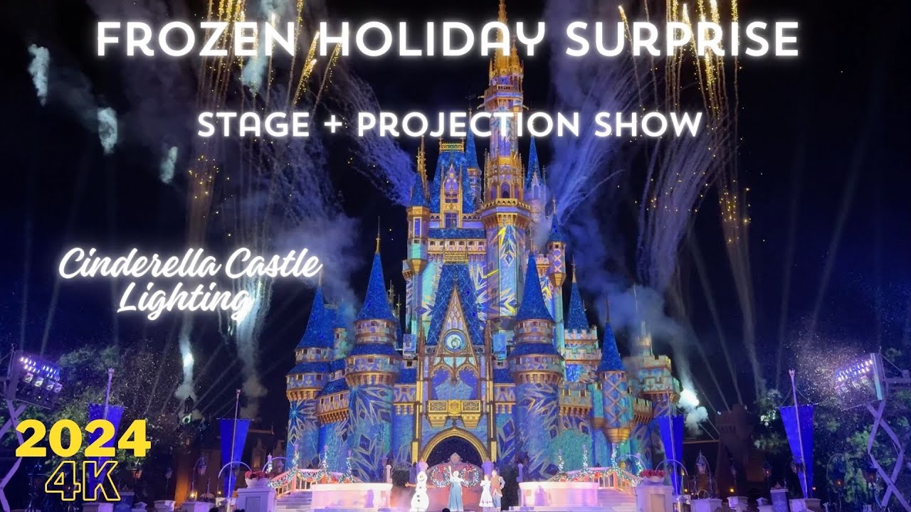 4K Frozen Holiday Surprise - Cinderella Castle Lighting & Stage Show - Wide - Magic Kingdom - 2024