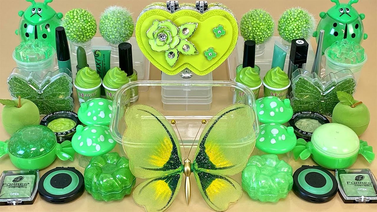 GREEN SLIME 💚 Mixing makeup and glitter into Clear Slime 💯% ASMR Satisfying Slime Video 1080p