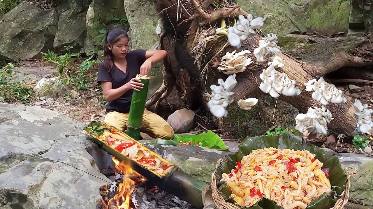 Yummy skill cooking wild mushrooms grill in bamboo tree for eating