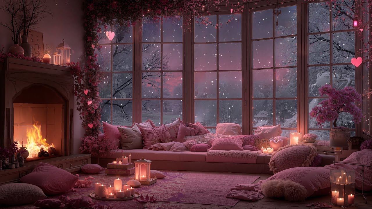 Valentine’s Day in a Dreamy Pink Cozy Room Ambience 💖 Soft Piano & Cozy Fireplace for Relaxation