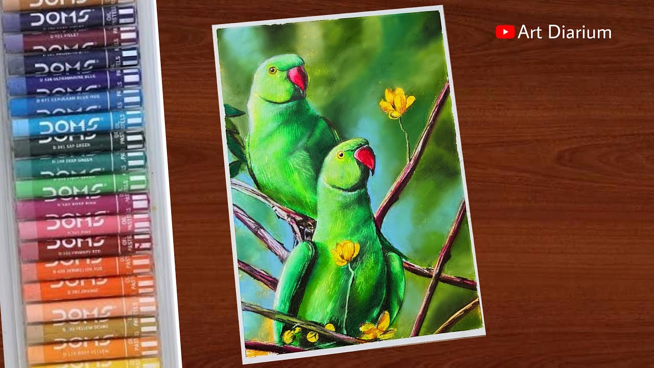 Green Parrots in Nature Drawing with Oil Pastel - Step by Step