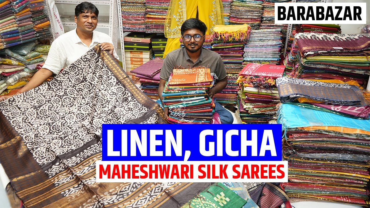 Pure Gicha, Linen, Madhubani, Bagdu, Indigo, Maheshwari Silk Saree Wholesaler in Barabazar, Kolkata