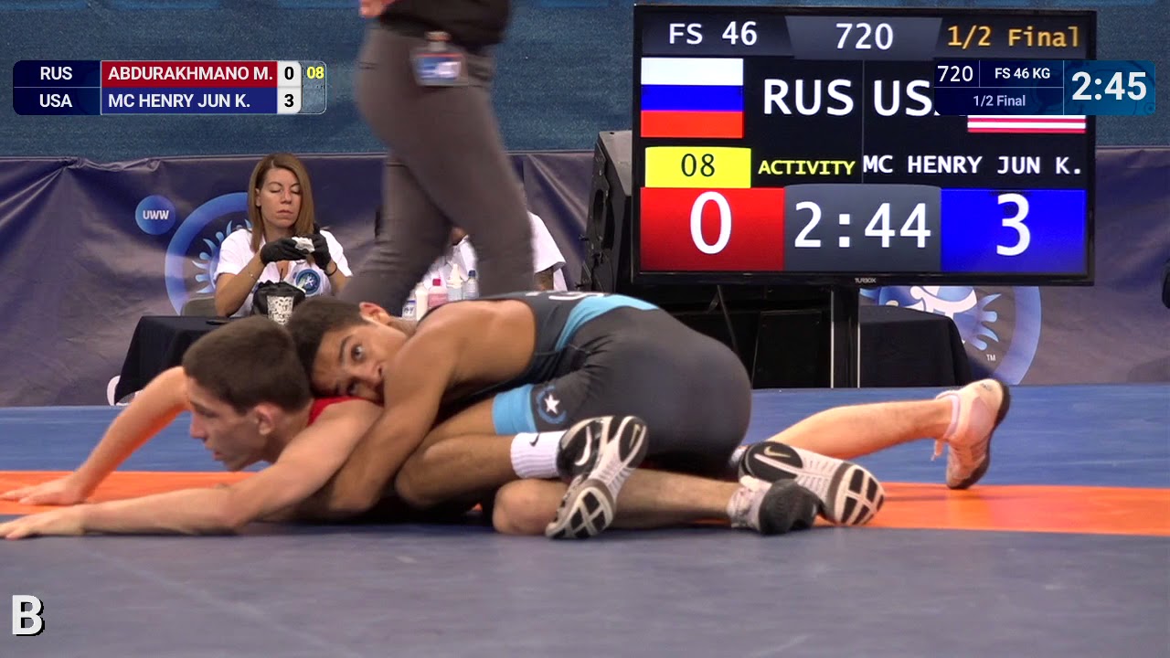 1/2 FS - 46 kg: K. MC HENRY JUN (USA) df. M. ABDURAKHMANO (RUS) by VPO1, 5-4