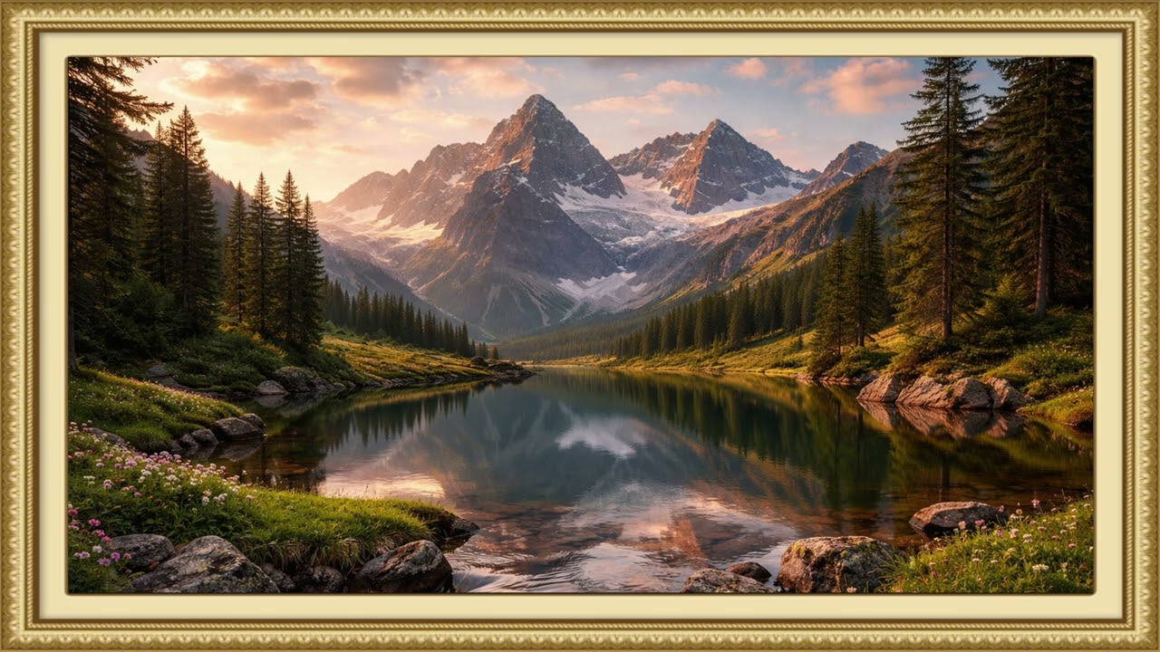 Sunset over Cascading Waterfall and Forest | Ambient Art 4k Displays