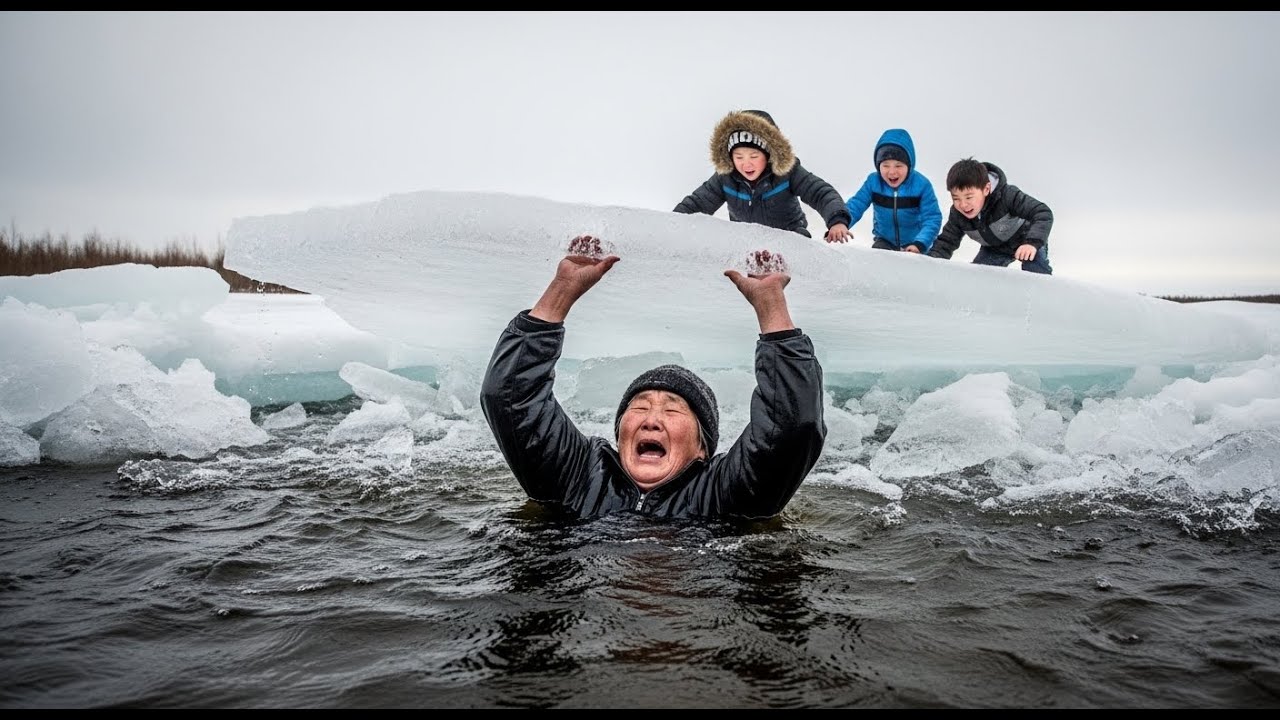 Elderly Woman Holds Cracking Ice Bridge While Children Cross Over Raging River
