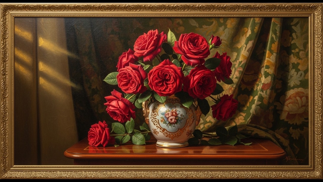 Frame TV Art Music: Antique Style Floral Bouquet | Background Romantic Victorian Red Roses Painting