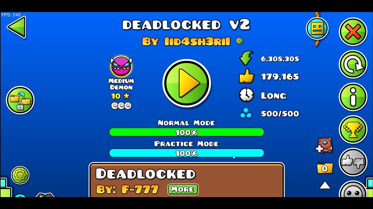 Deadlocked v2 | First Medium Demon Level Completed With All 3 Coins | Geometry Dash