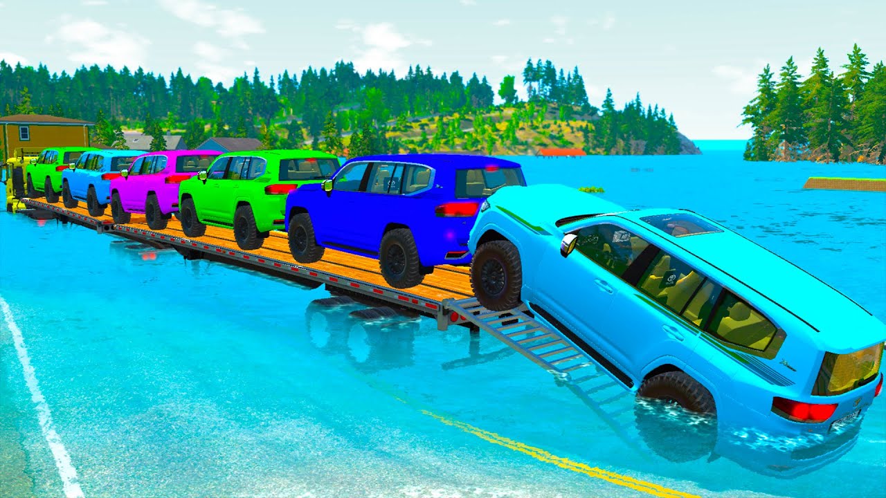 Five Flatbed Trailer McQueen Transportation with Truck - Speedbumps vs Cars vs Train - BeamNG #89