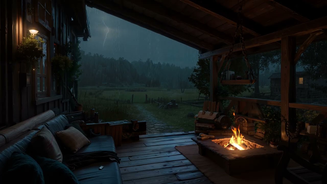 Rainy Night Retreat in a Cozy Cabin 🌧️ Warm Fireplace Sounds & Heavy Rain Sounds For Sleeping