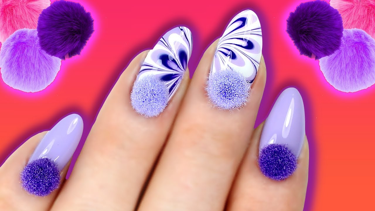 BACK TO SCHOOL POM POM WATERMARBLE NAILS | Easy DIY Purple Water Marble PomPom Nailart