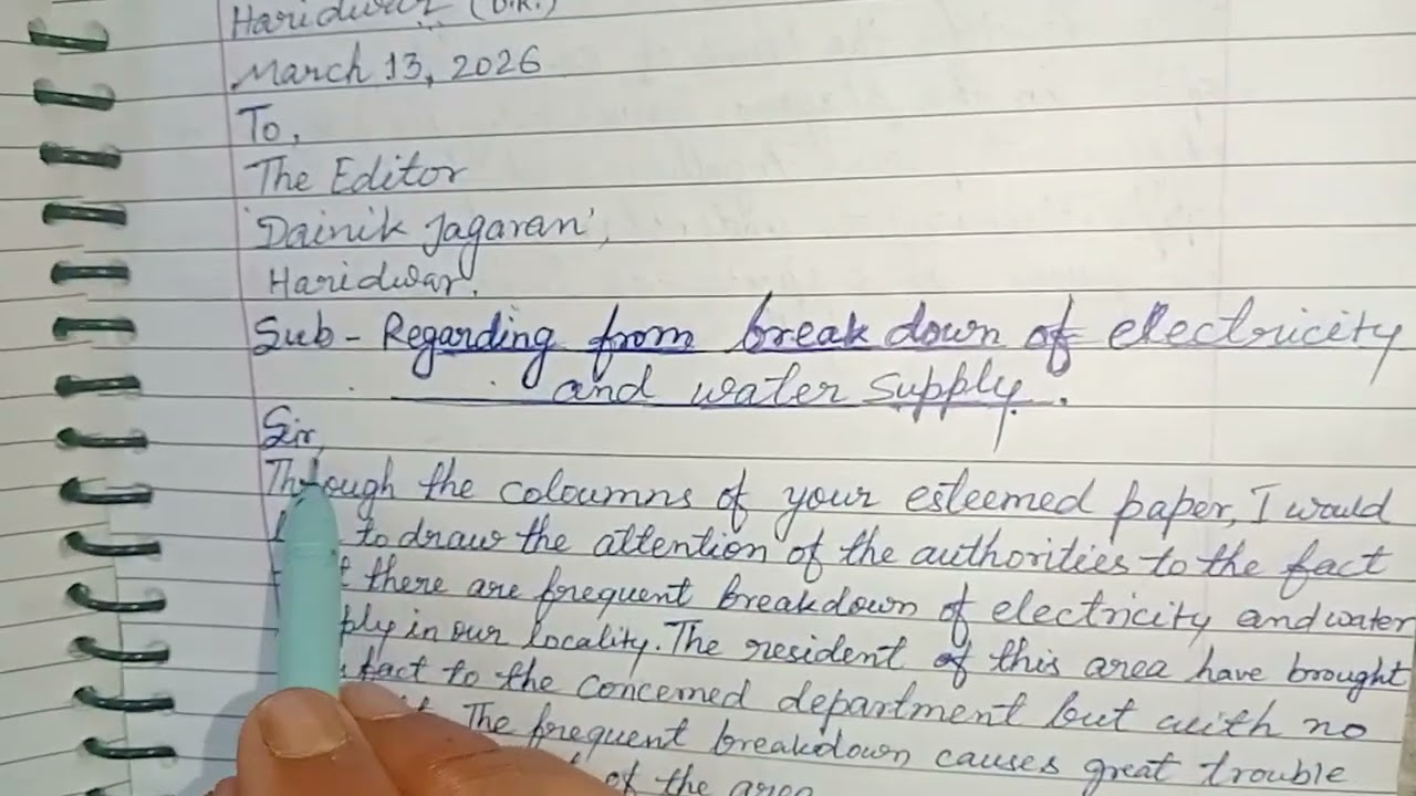 Formal letter subject,,,,Regarding from frequent breakdown of electricity and water supply 