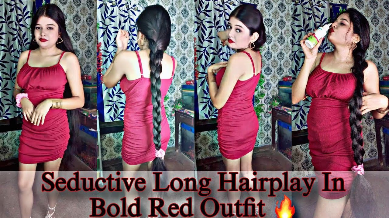 Title: Flaunting My Knee-Length Hair in a Bold Red Outfit | Sleek Combing, Tight Braid & Hair Play।