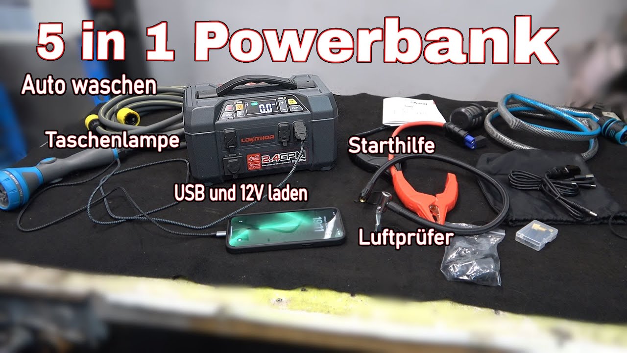 Multi-Powerbank Starthilfe, Luftprüfer, Licht, Wasserpumpe. Werkzeug von Lokithor AW401
