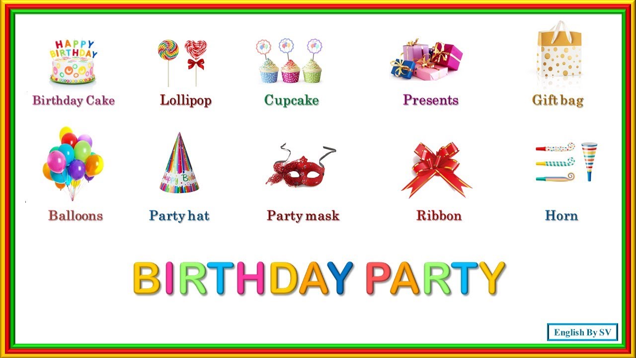 Learn Birthday party items Vocabulary in English | English Vocabulary - PARTY ITEMS