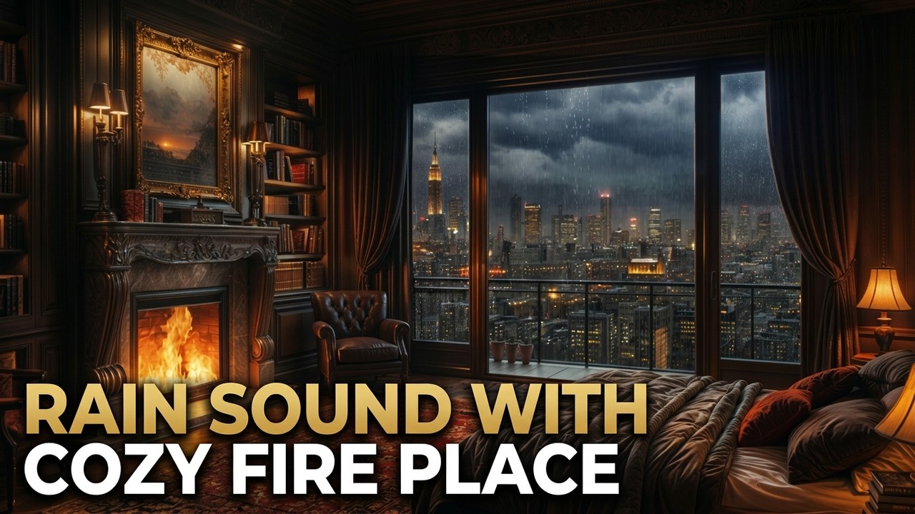Modern Cozy Fireplace | Rainy Evening in Upscale Bedroom with City View