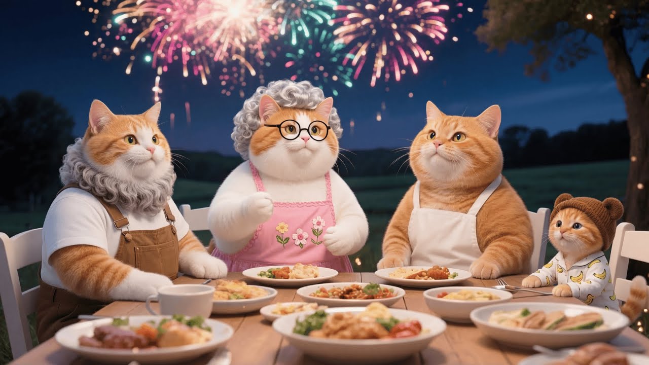 Mama Cat Takes Ginger Kitten to Grandpa & Grandma Cat&rsquo;s for New Year&mdash;Feasting and Fireworks 🎆🐾
