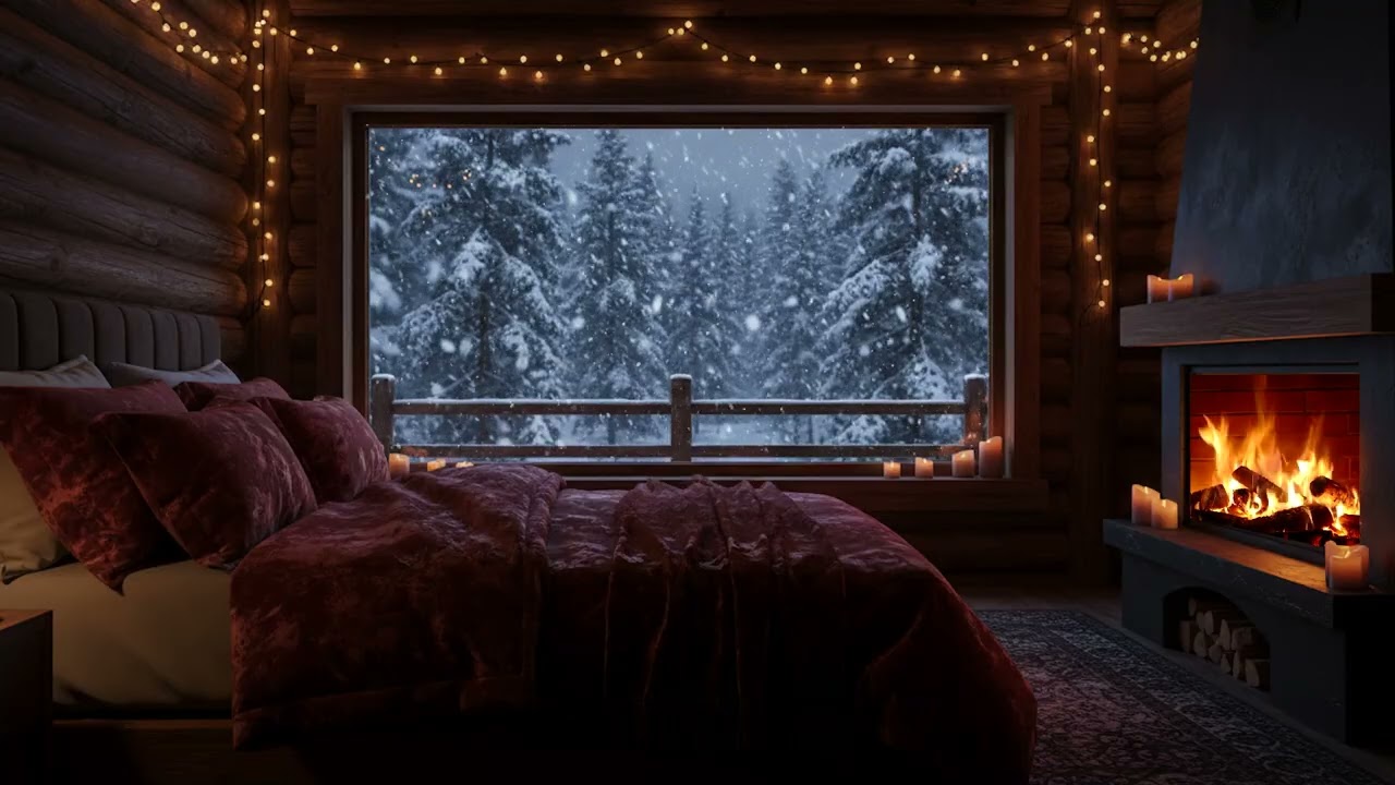 Peaceful Winter Night by the Fireplace 🔥 Soft Snowfall & Cozy Ambience
