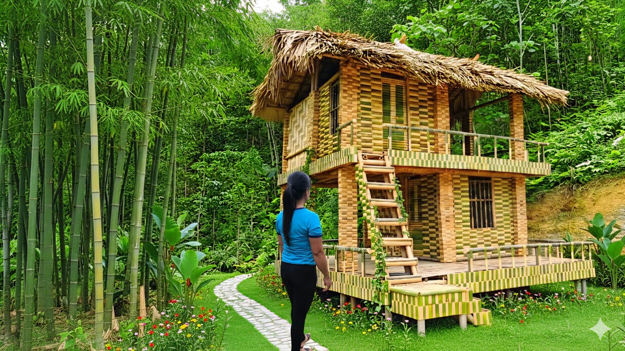The woman completed the construction of a two-story bamboo house.