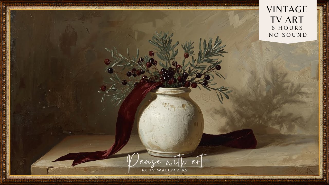 Classic Holiday Velvet Ribbon Vase | Elegant Christmas Decor Wallpaper | TV Background Screens