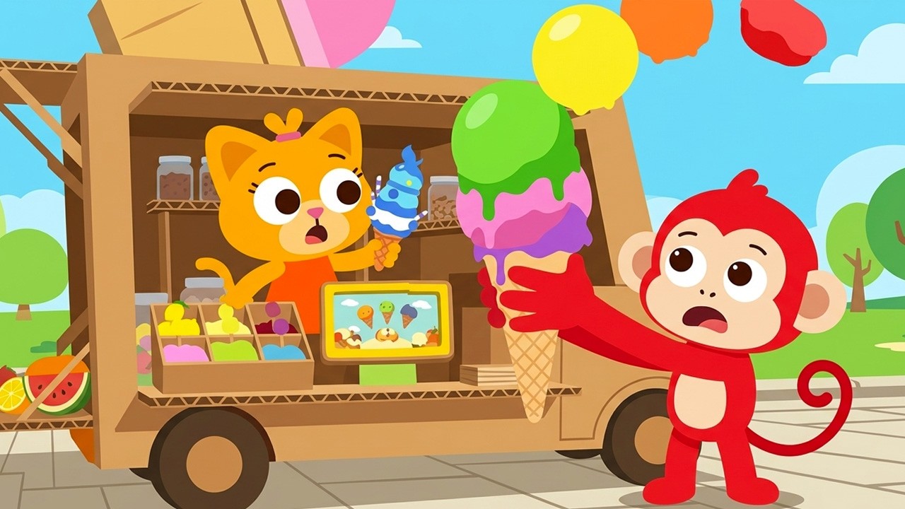 Kartonowa furgonetka z lodami | Nauka kolor&oacute;w | Piosenki dla przedszkolak&oacute;w | Monkey Junior angie...