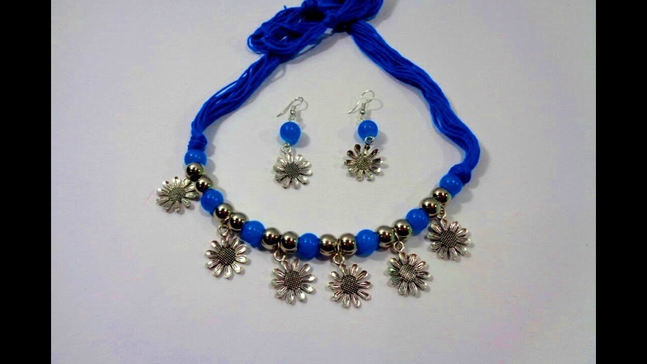How to Make Thread Beads Necklace With Earring - Glass Beads Necklace Making at Home - DIY Necklace