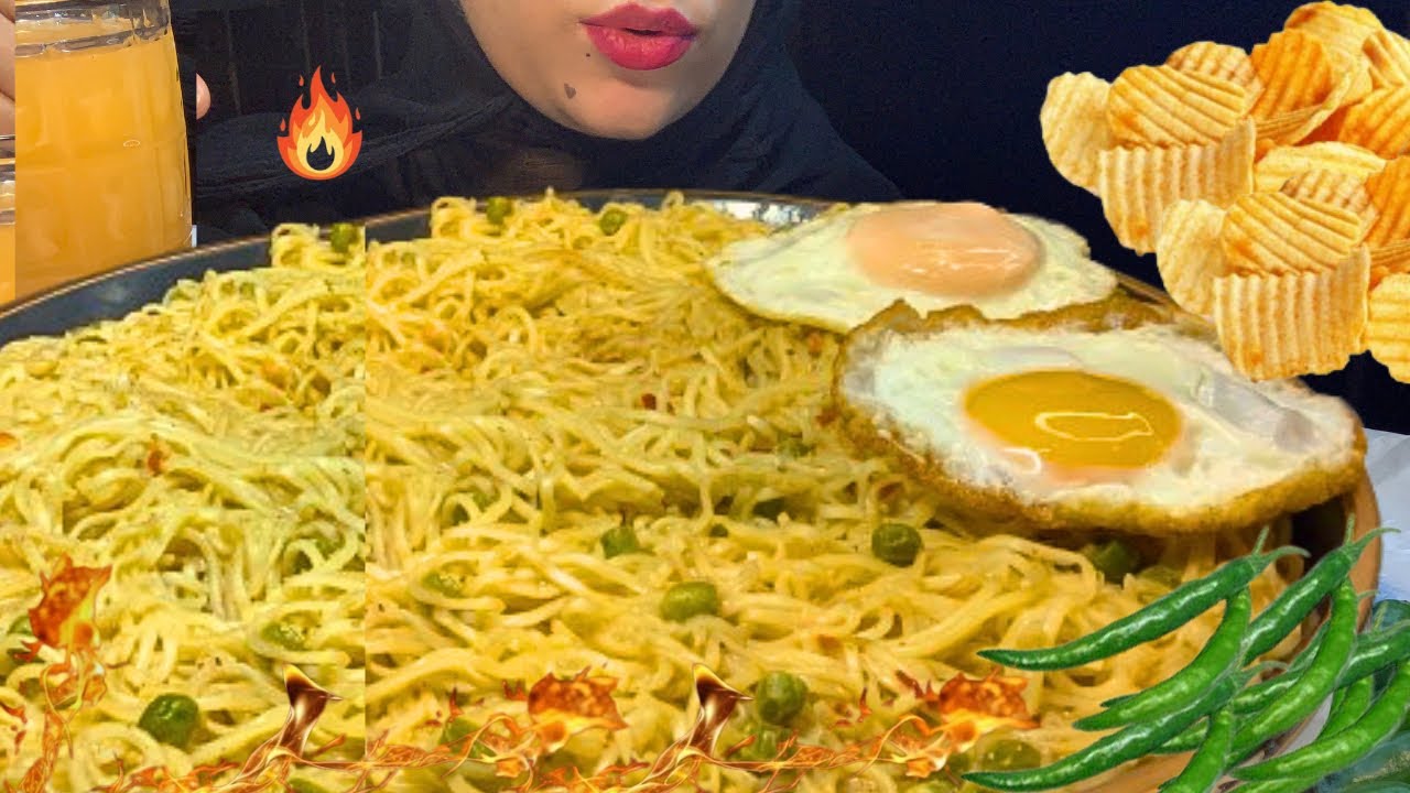ASMR;EATING 5 PACK OF MASSALA MAGGI NOODLES WITH GREEN CHILLIAND BOILD EGG || FOOD EATING CHALLENGE