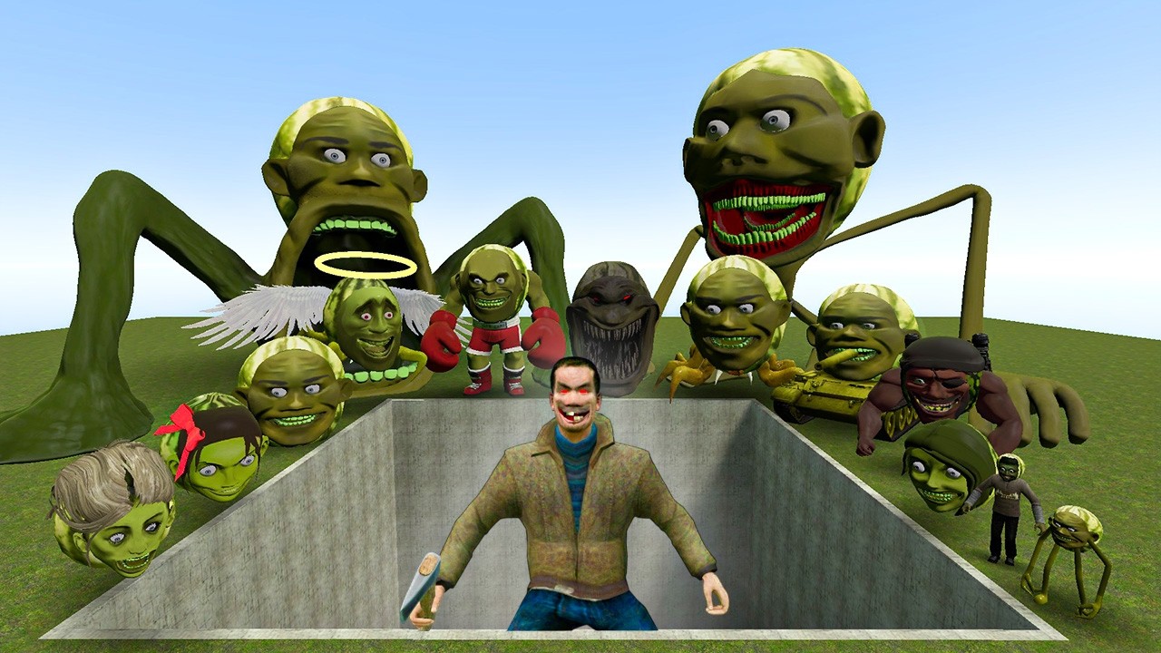 AI Brainrot Memes vs Adam Mecha Bosses in Giant Pit – Gmod Chaos