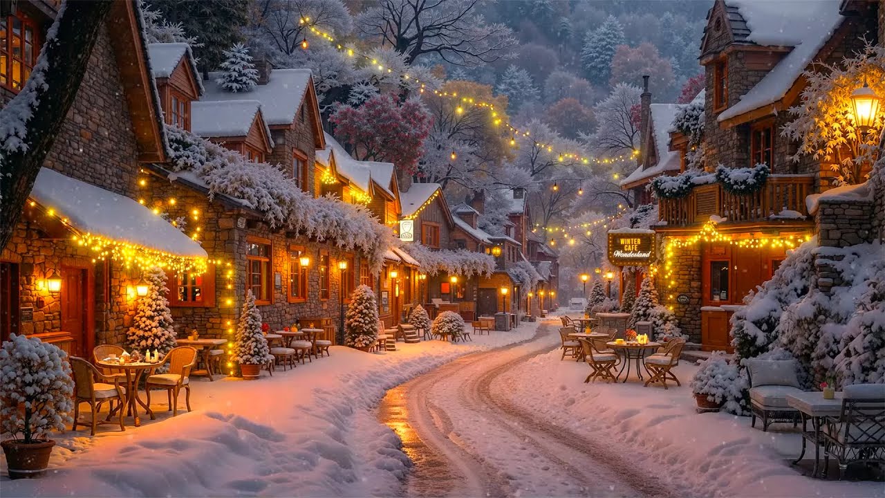 Serene Winter Retreat with Warm Jazz ~ Cozy Cafe Lights & Snowy Streets in a Quaint Village Charm❄️