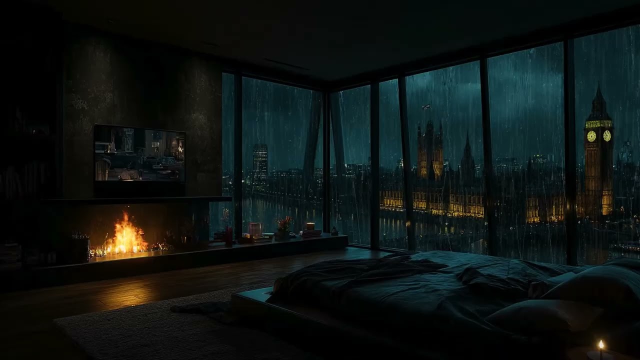 (No Ads)🌧️Rainfall in Elegant Manhattan Bedroom | Skyline Lights for Calm Rest